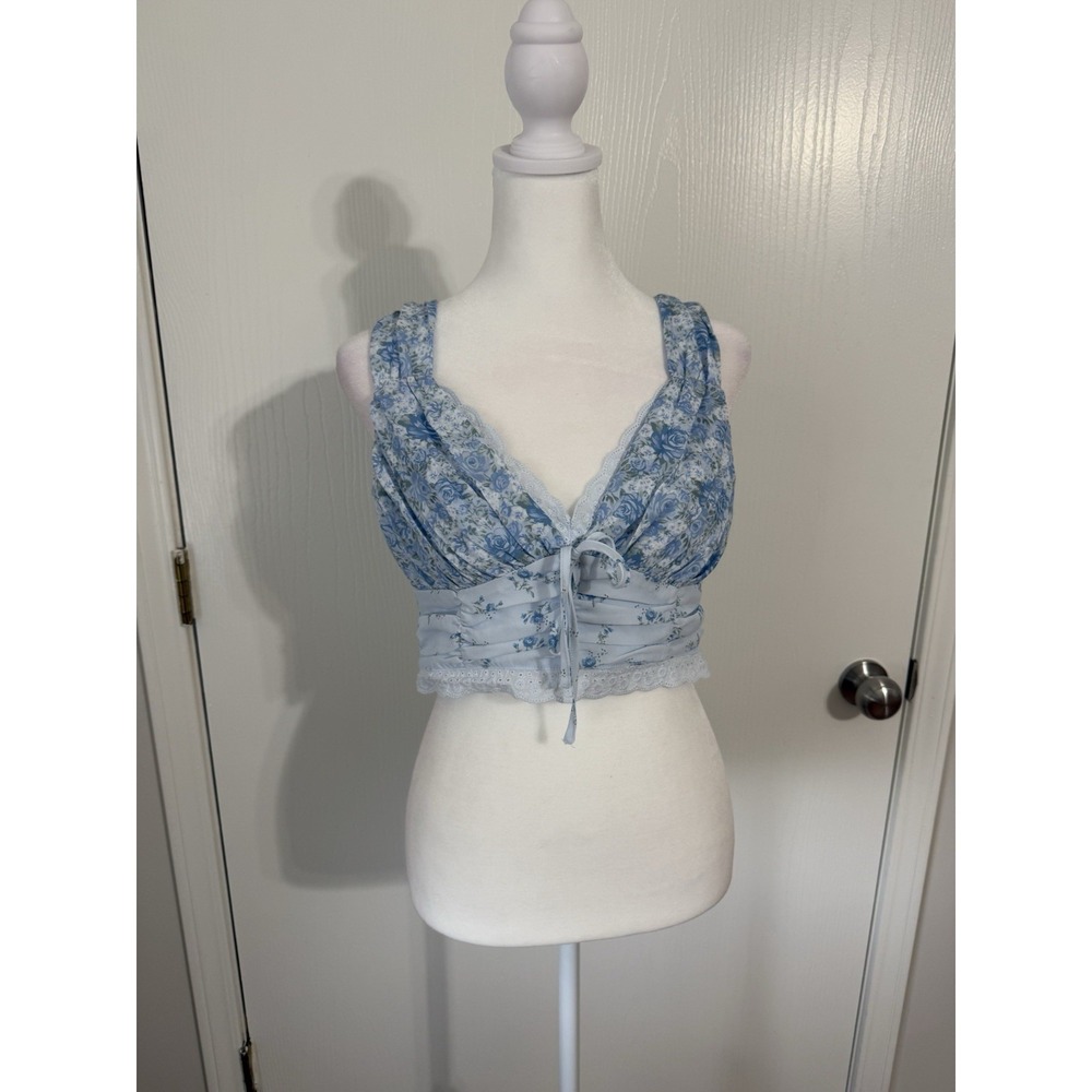 Women's Sleeveless Blue Floral Lace Cottagecore Milkmaid Crop Top Large - Picture 2 of 6